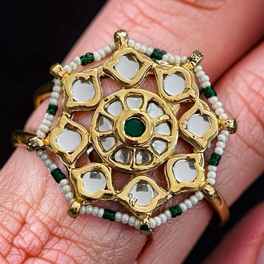 Gold-Tone Floral Kundan Ring with Green and White Accents